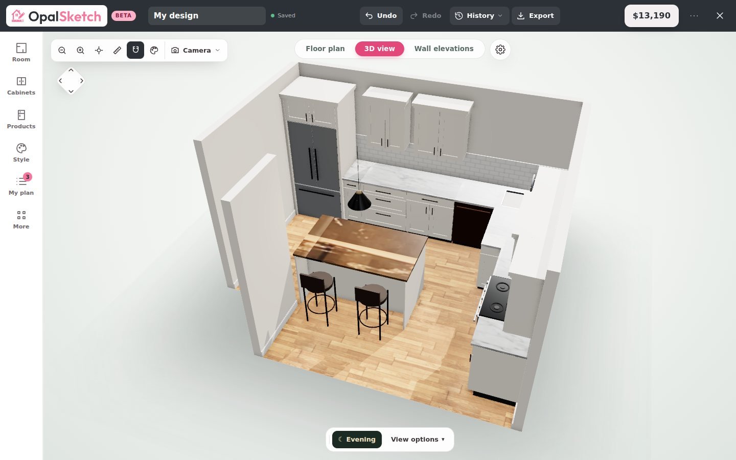 The OpalSketch 3D designer showing an L-shaped kitchen with an island