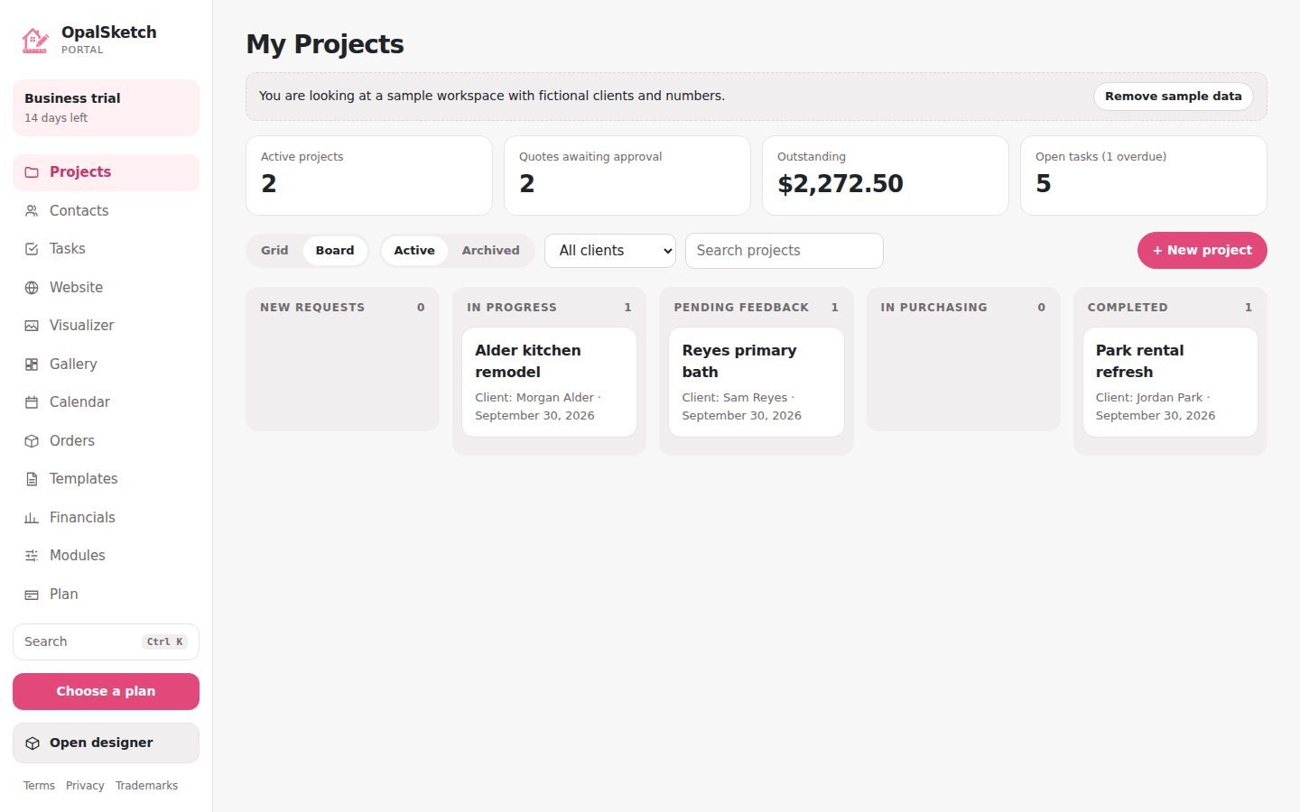 The OpalSketch portal project board with projects in five stages